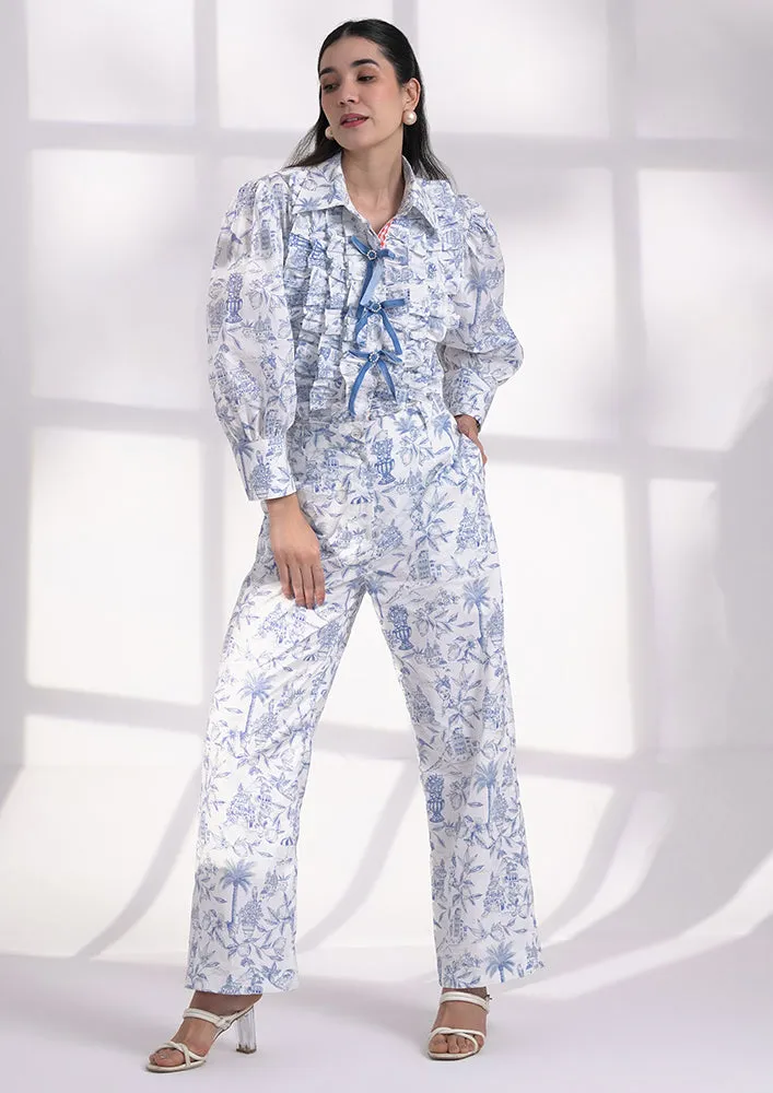Blue printed ruffle shirt with bows and loose pant