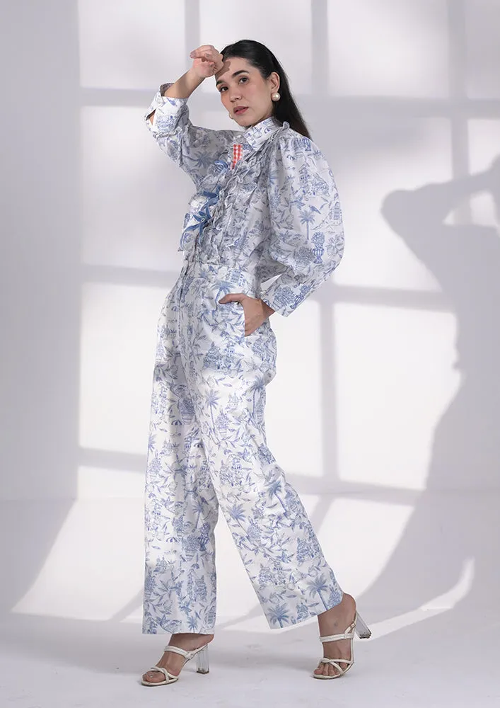 Blue printed ruffle shirt with bows and loose pant