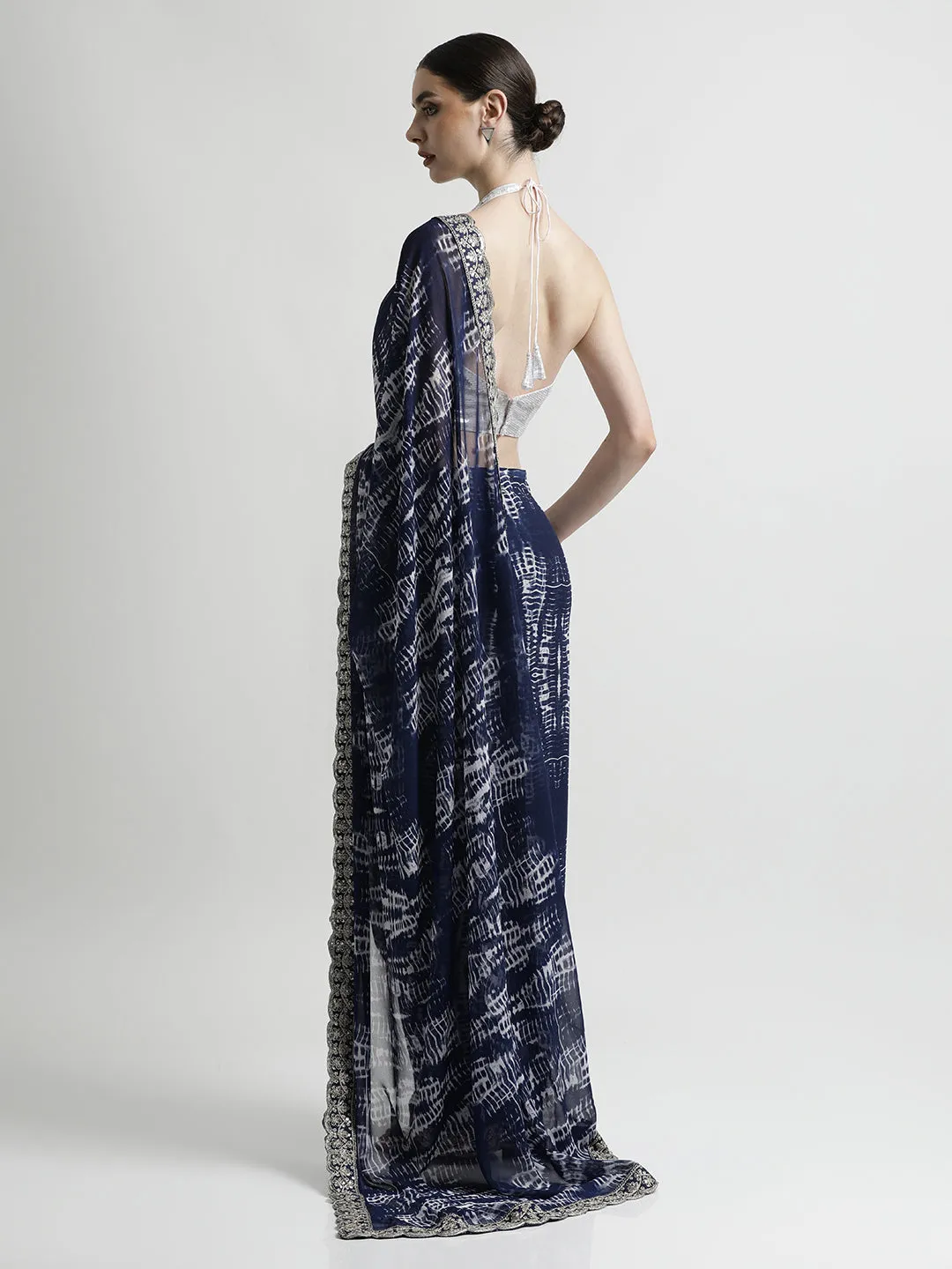 Blue Sequin Embroidered Pure Georgette Tie Dye Saree