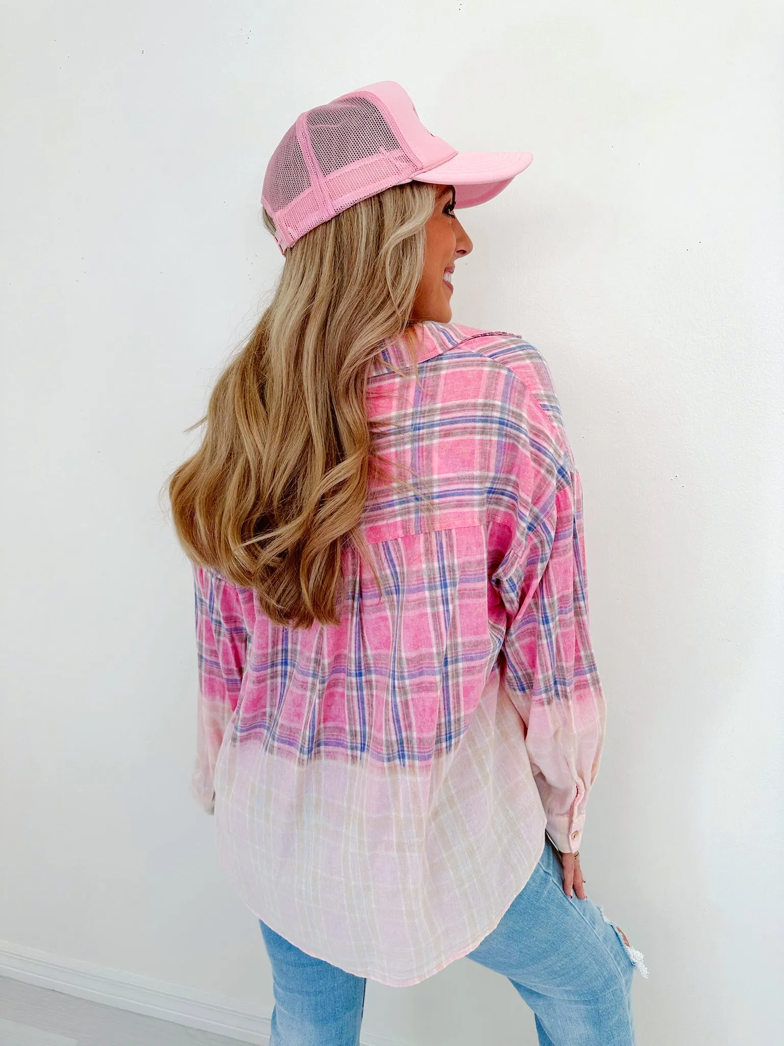 Blushing Bleach Washed Plaid Shirt
