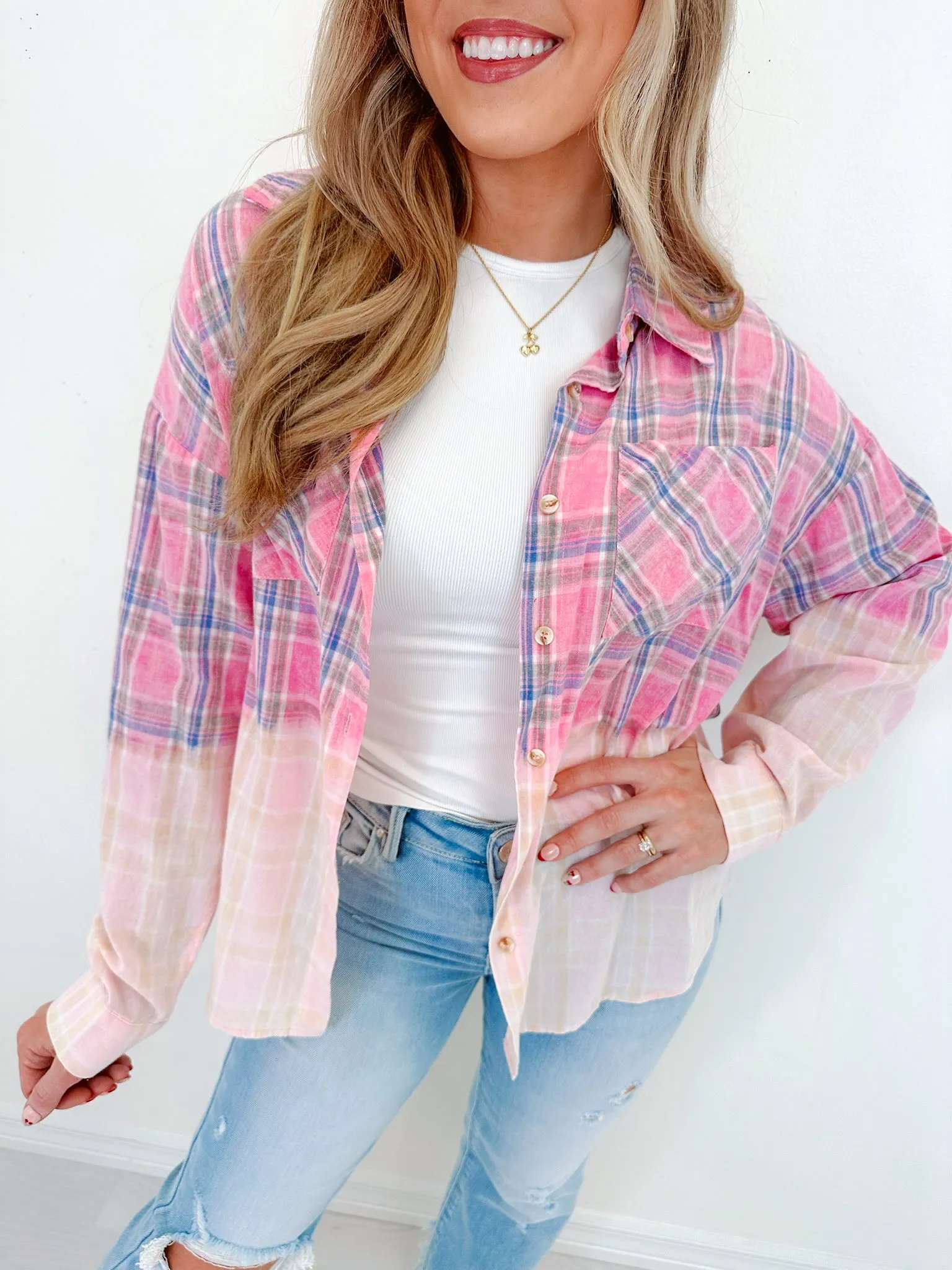 Blushing Bleach Washed Plaid Shirt