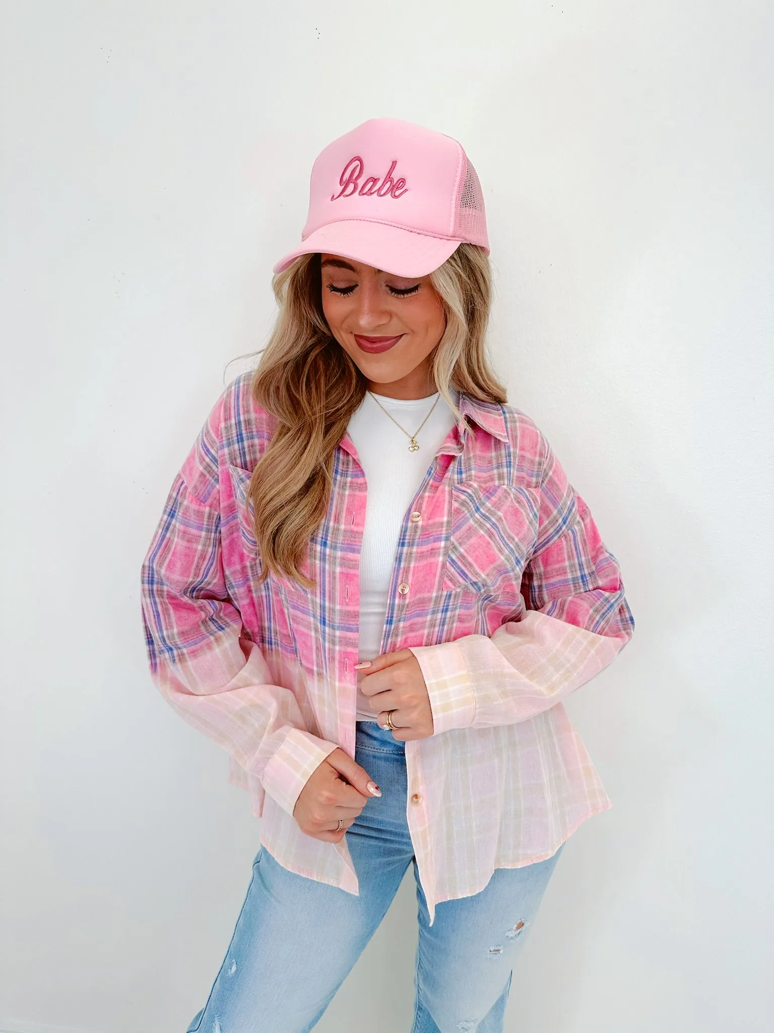 Blushing Bleach Washed Plaid Shirt