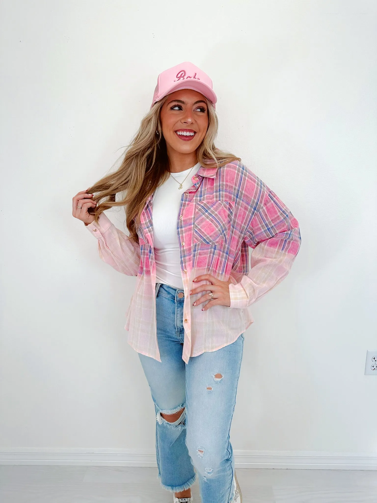 Blushing Bleach Washed Plaid Shirt