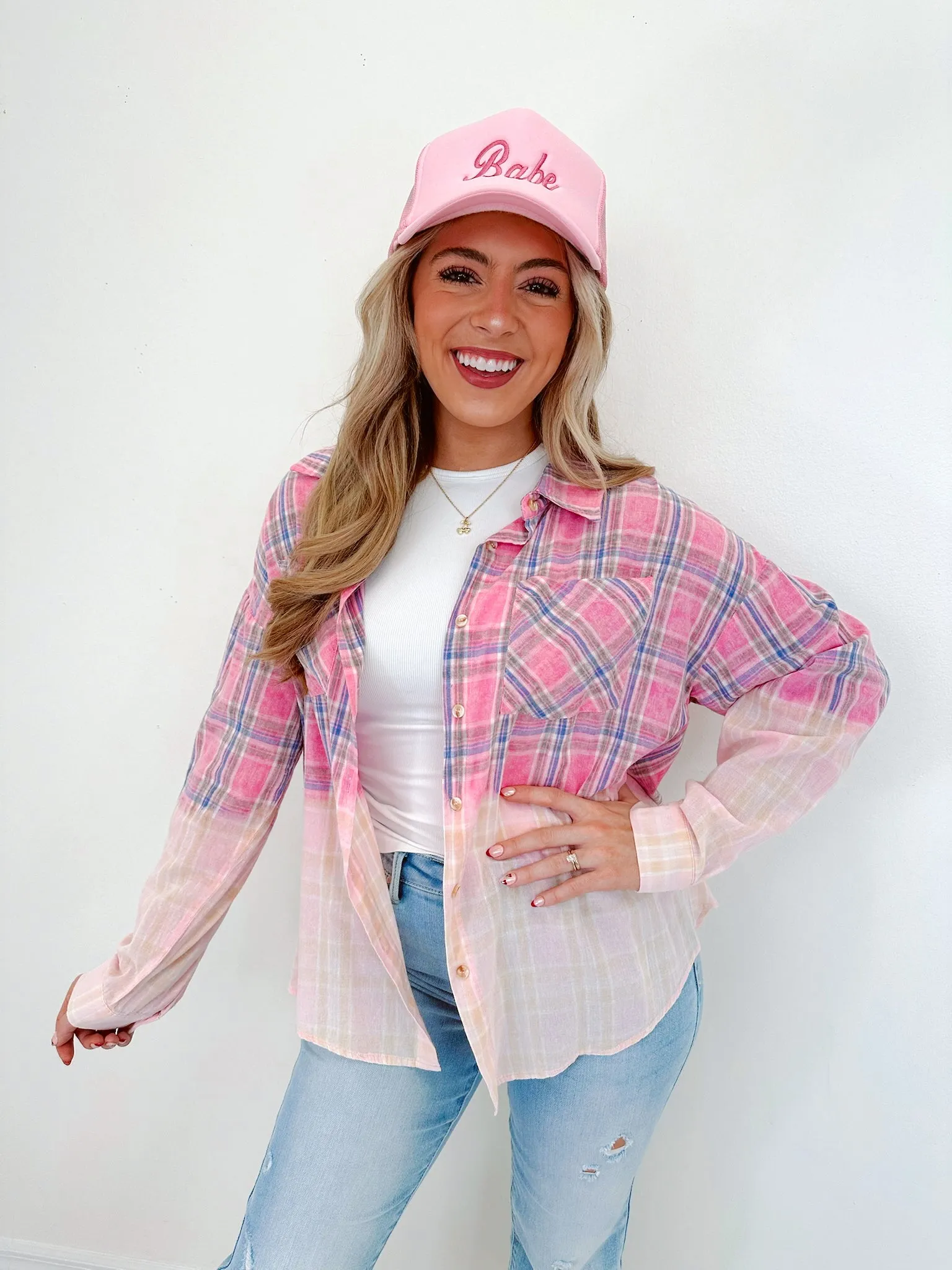 Blushing Bleach Washed Plaid Shirt
