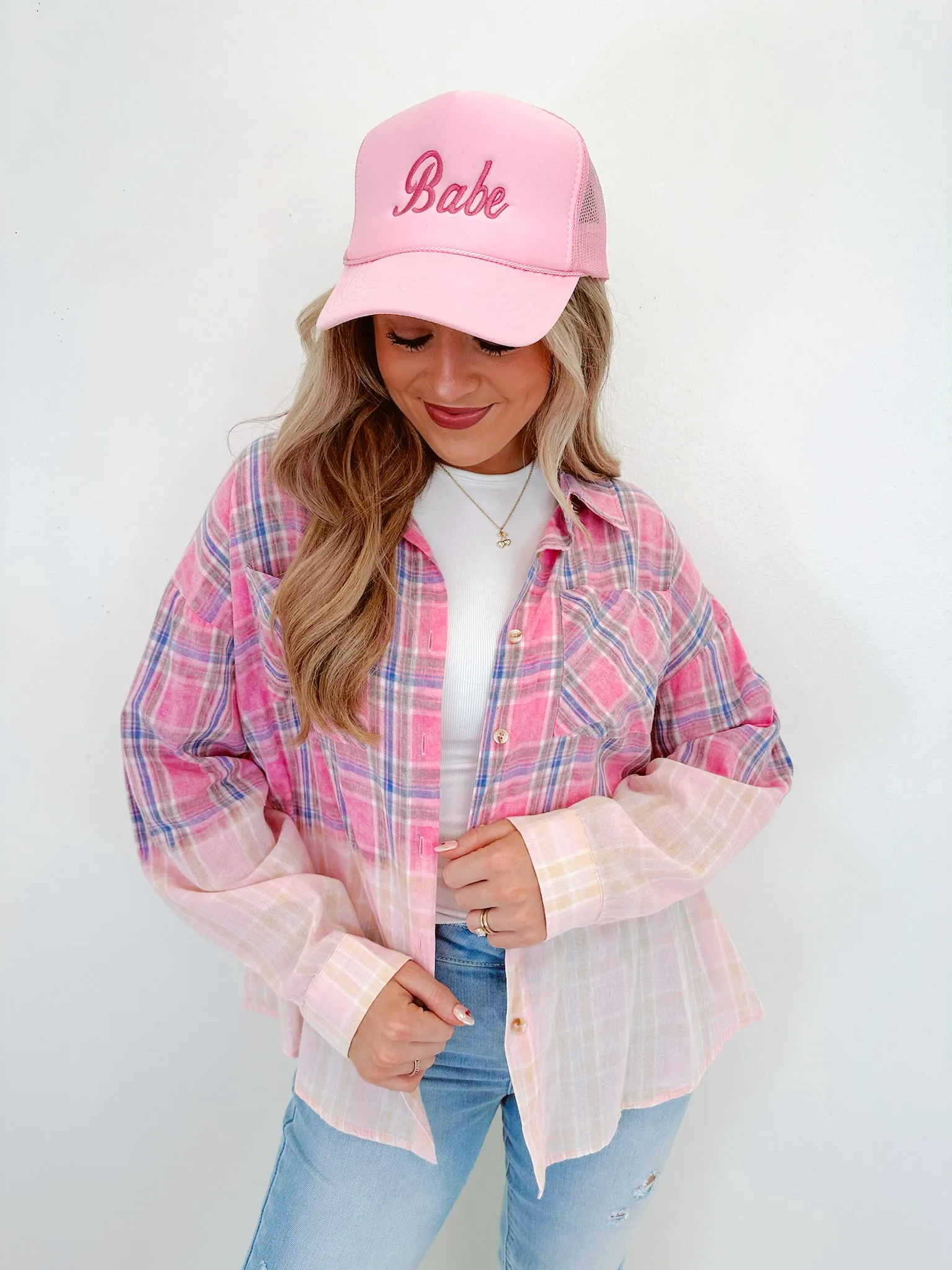 Blushing Bleach Washed Plaid Shirt