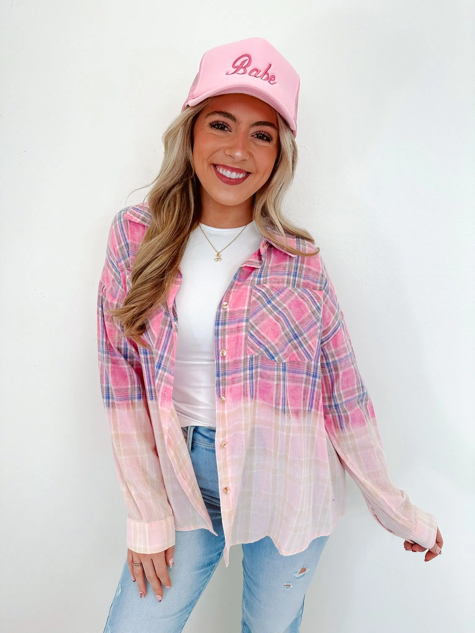 Blushing Bleach Washed Plaid Shirt