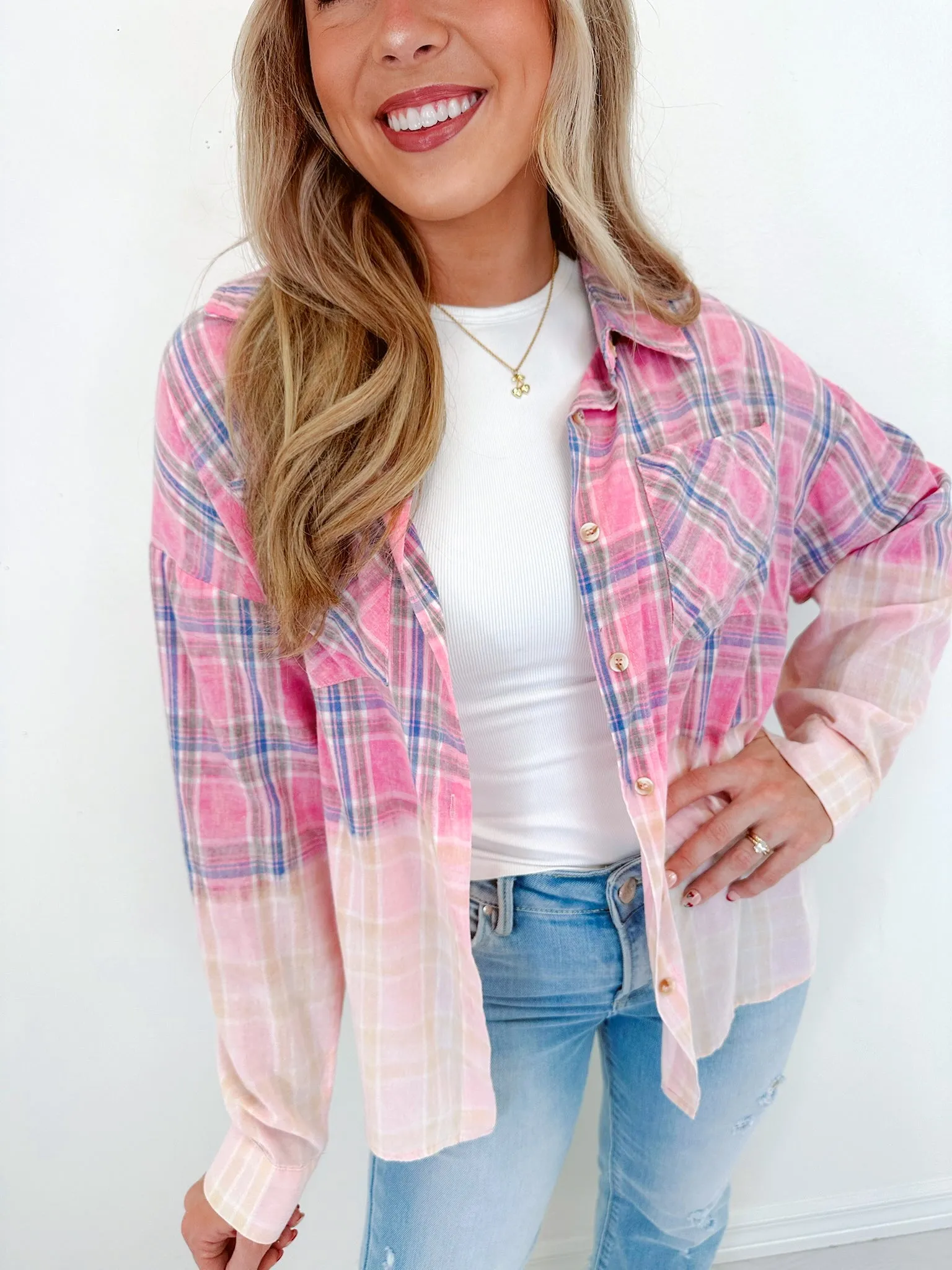 Blushing Bleach Washed Plaid Shirt