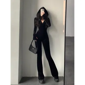Boutique Fashion Black Velvet Hooded Jumpsuit Long Sleeves Flare Pants Slim Rompers w/ Zipper
