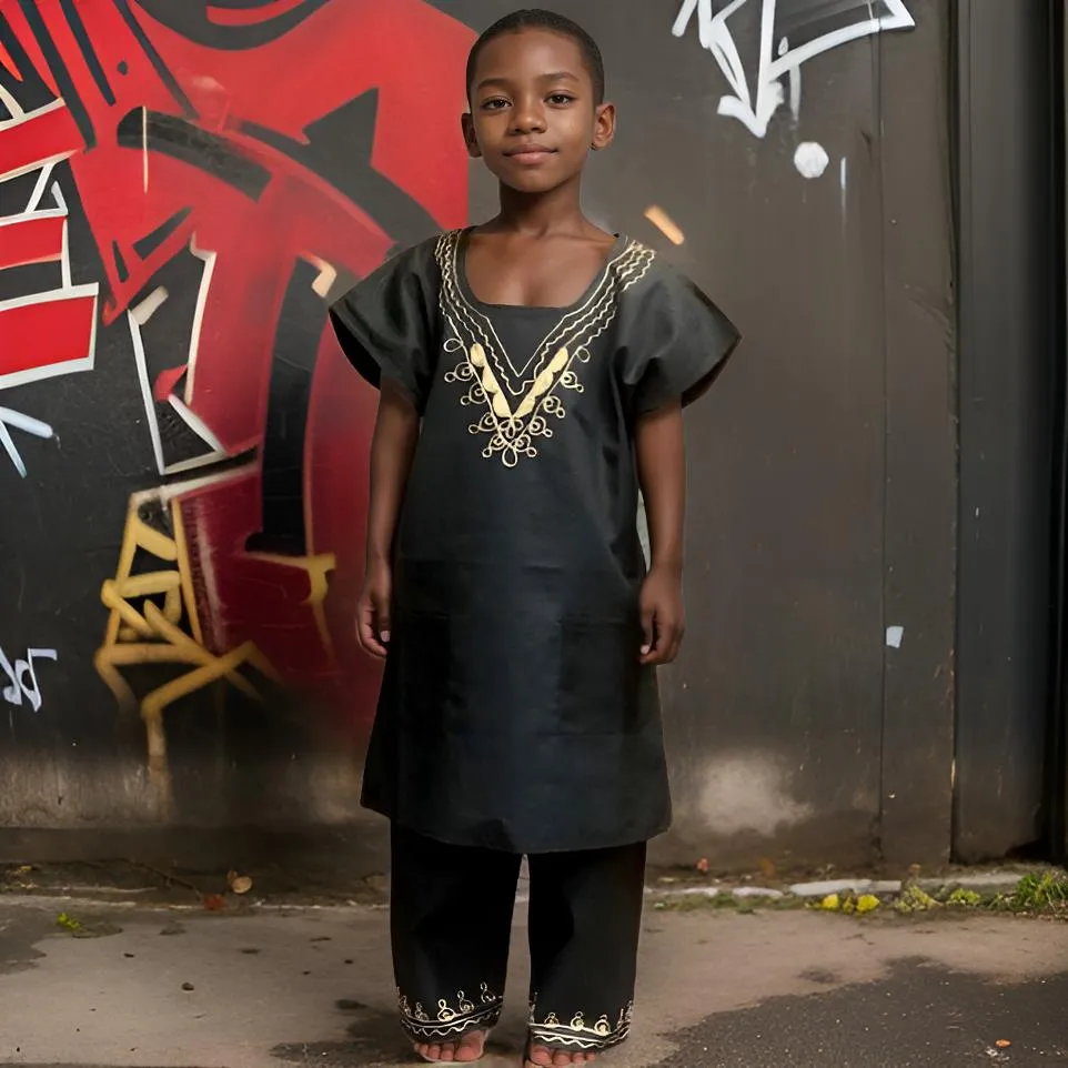 Boys Solid Black 2pc African Dashiki long Shorts Set (Large)