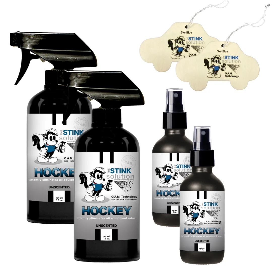 Buy 2 Get 4 FREE - (2) 16 oz (2) 4 oz Hockey Odor Eliminating Spray Bundle   2 Car Air Fresheners