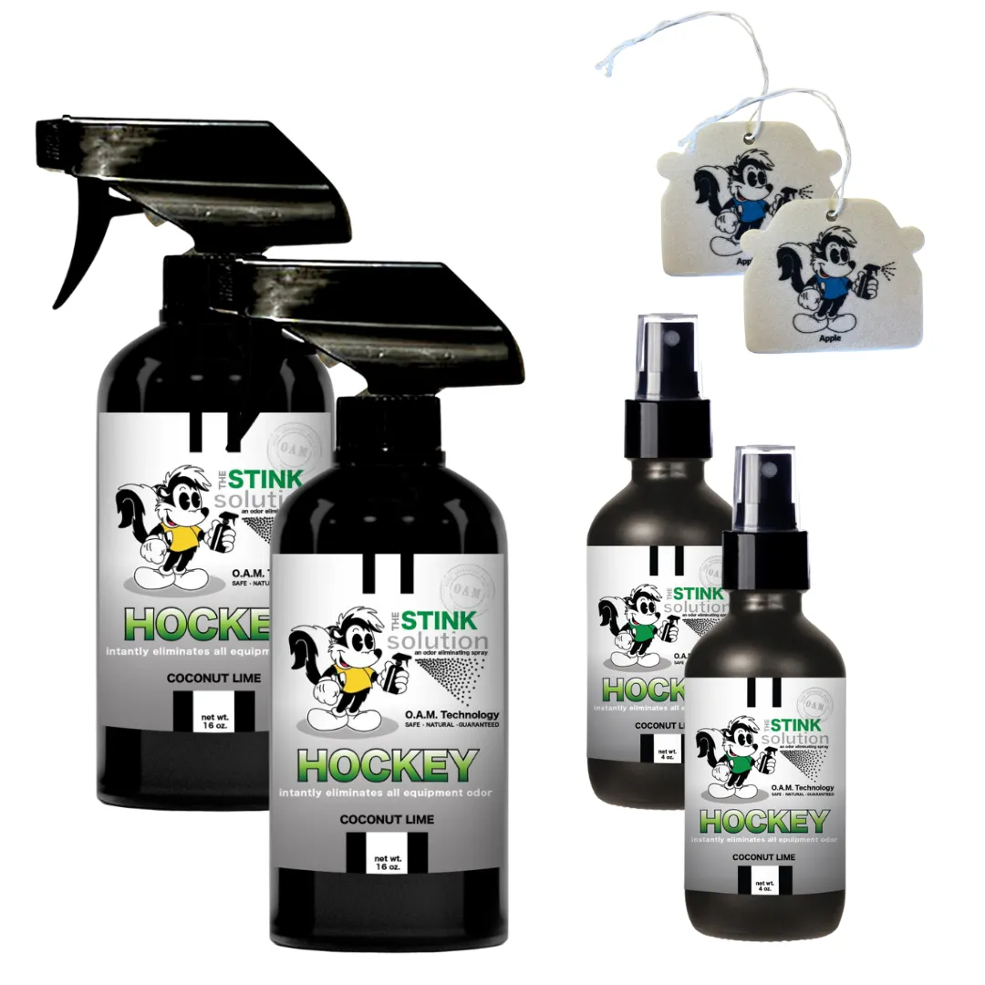 Buy 2 Get 4 FREE - (2) 16 oz (2) 4 oz Hockey Odor Eliminating Spray Bundle   2 Car Air Fresheners