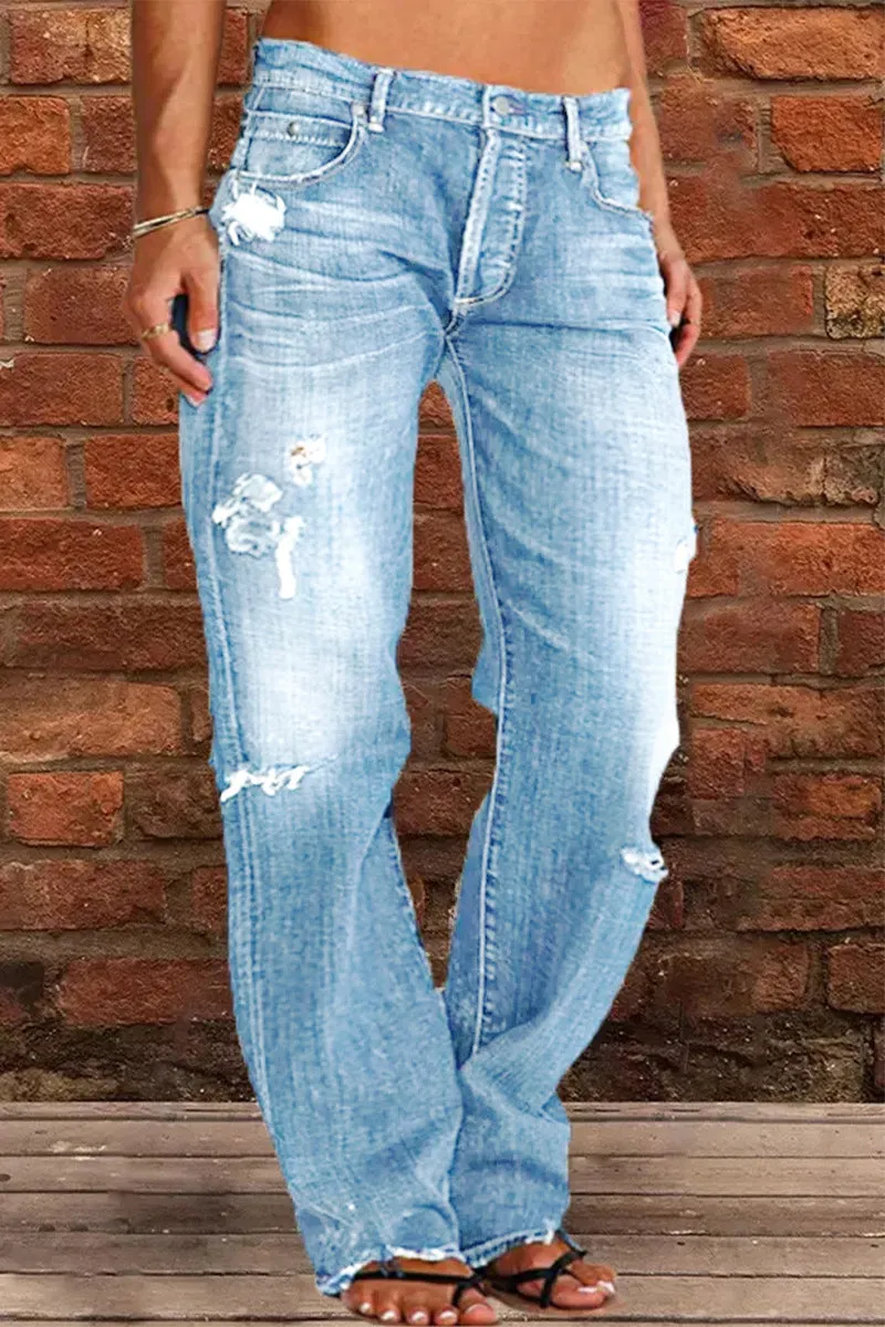 Casual Street Patchwork Ripped Straight Denim Jeans(5 Colors)