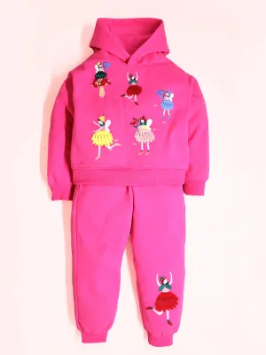 Cherry Crumble Pink Solid 100% Polyester Full Sleeves Hooded Casual Wear Easy Fit Applique/Embroidered Winter Sweatshirt Set For Girls