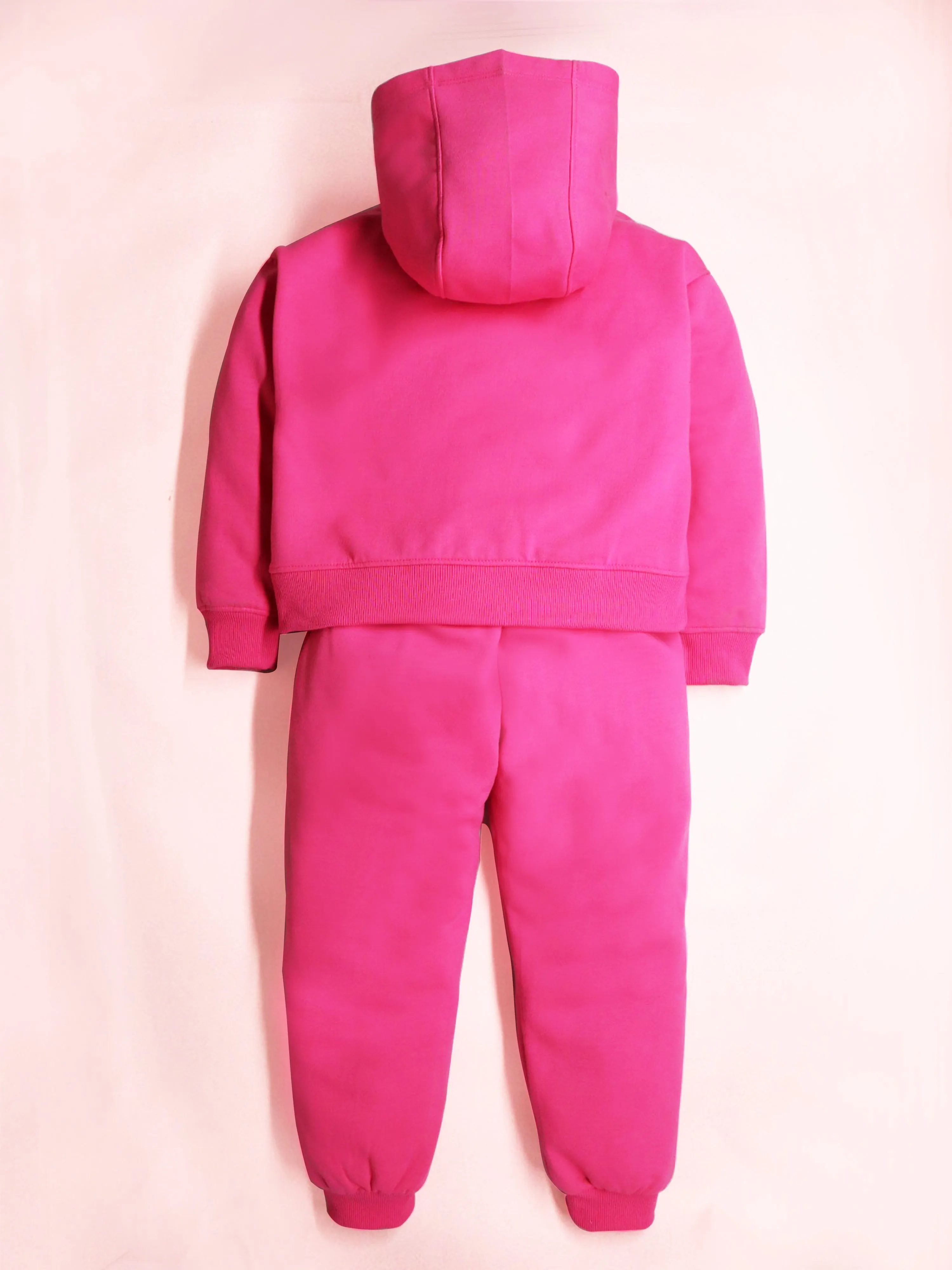 Cherry Crumble Pink Solid 100% Polyester Full Sleeves Hooded Casual Wear Easy Fit Applique/Embroidered Winter Sweatshirt Set For Girls