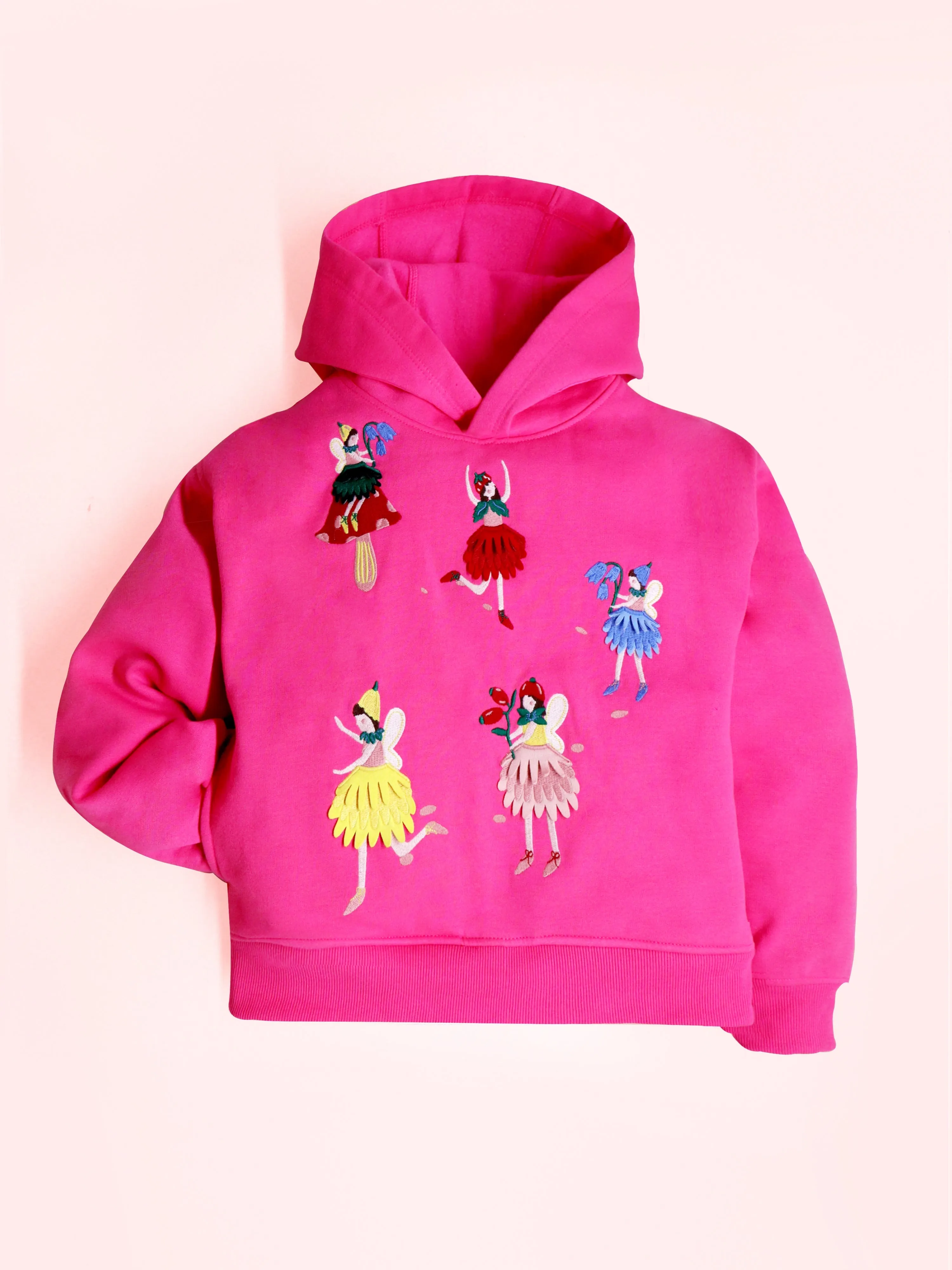 Cherry Crumble Pink Solid 100% Polyester Full Sleeves Hooded Casual Wear Easy Fit Applique/Embroidered Winter Sweatshirt Set For Girls