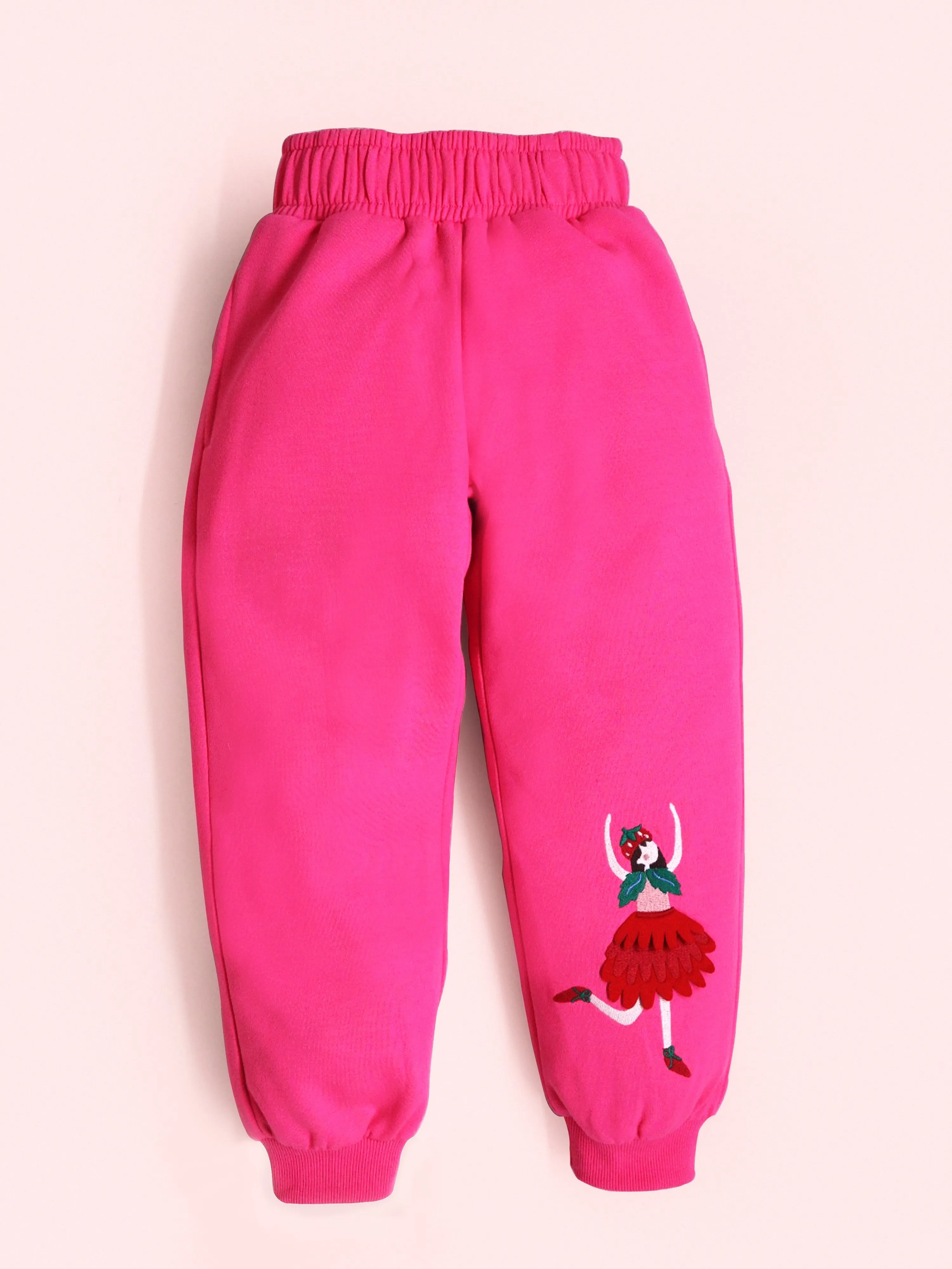 Cherry Crumble Pink Solid 100% Polyester Full Sleeves Hooded Casual Wear Easy Fit Applique/Embroidered Winter Sweatshirt Set For Girls