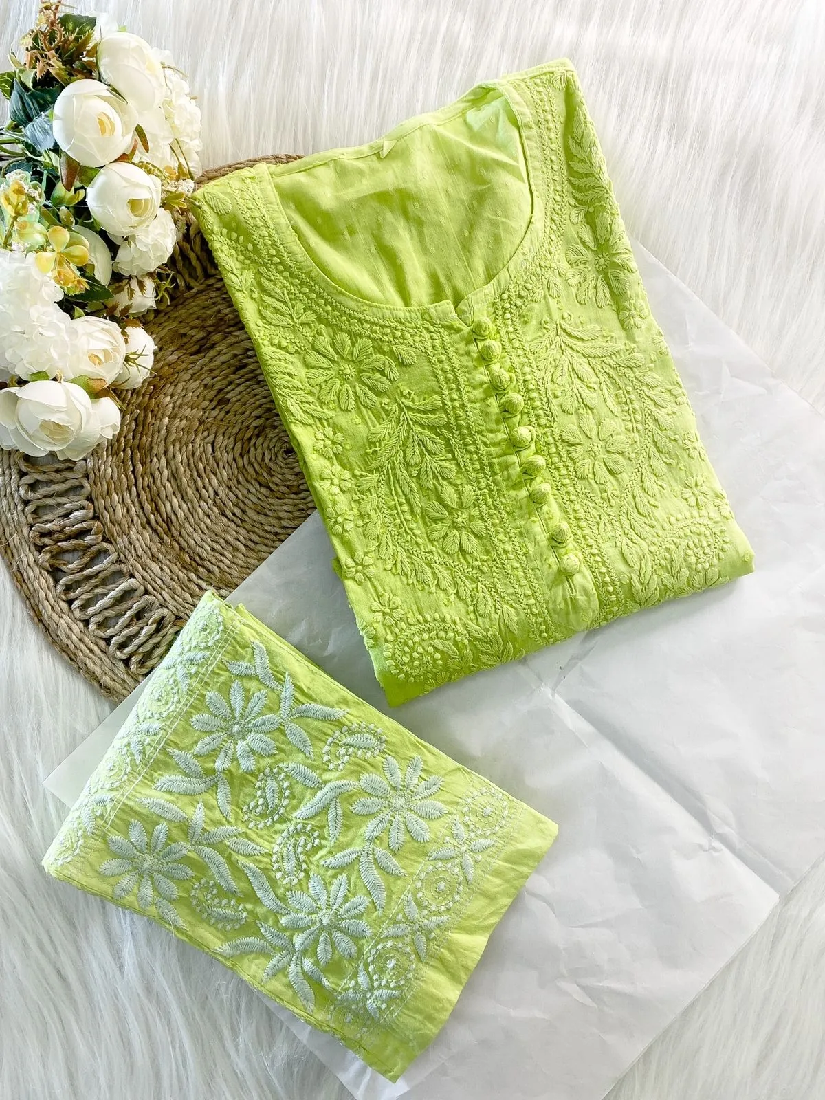 Chikankari cotton Kurti With Pant in Green