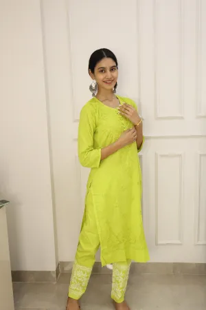 Chikankari cotton Kurti With Pant in Green