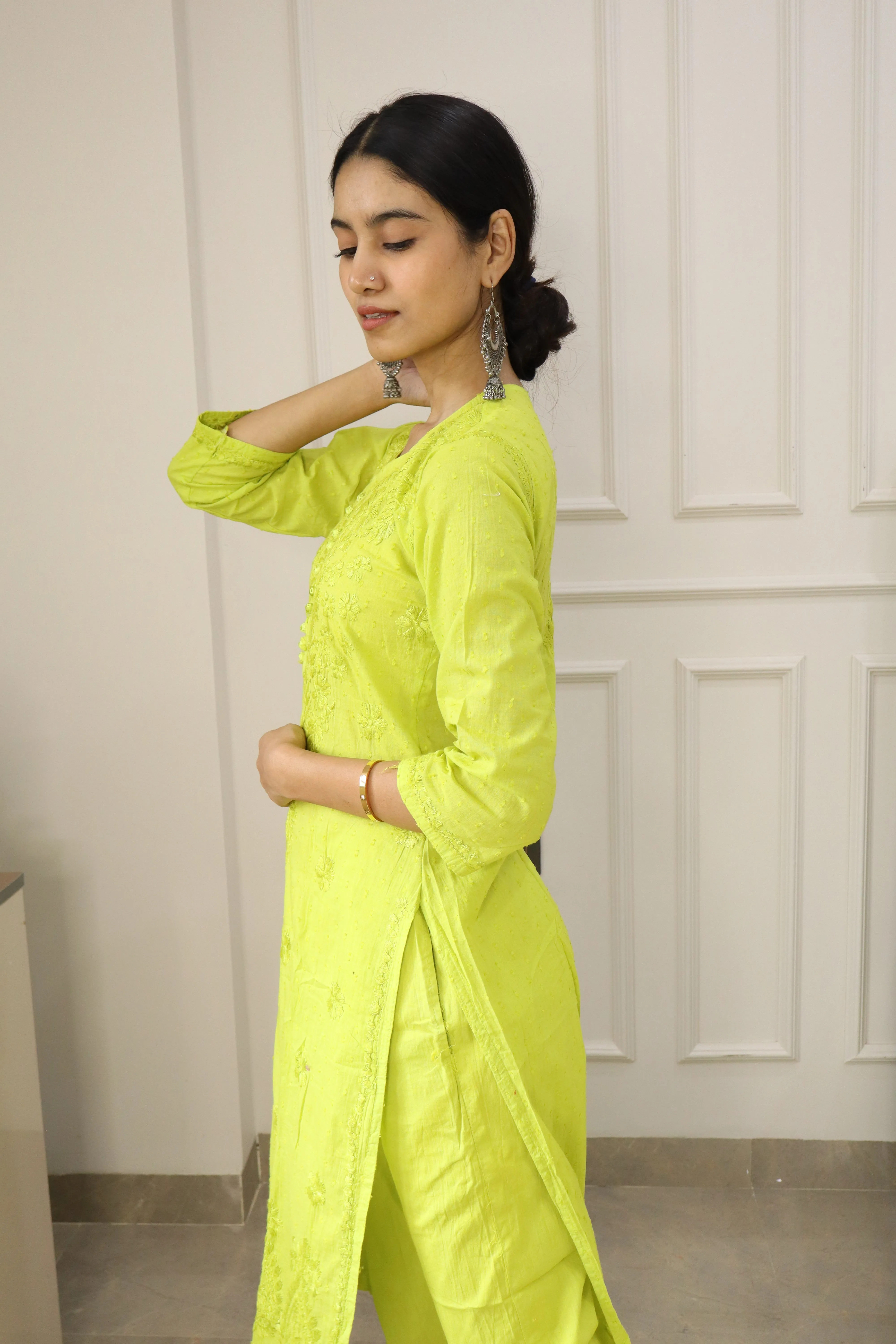 Chikankari cotton Kurti With Pant in Green