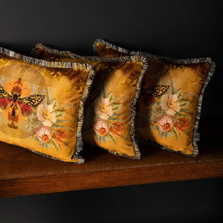 chintz moth fringed cushion