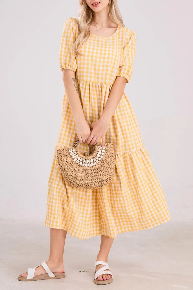 Chouyatou Women's Retro Lantern Puff Sleeve Plaid Dress Gingham Swing Tiered Midi Long Dress