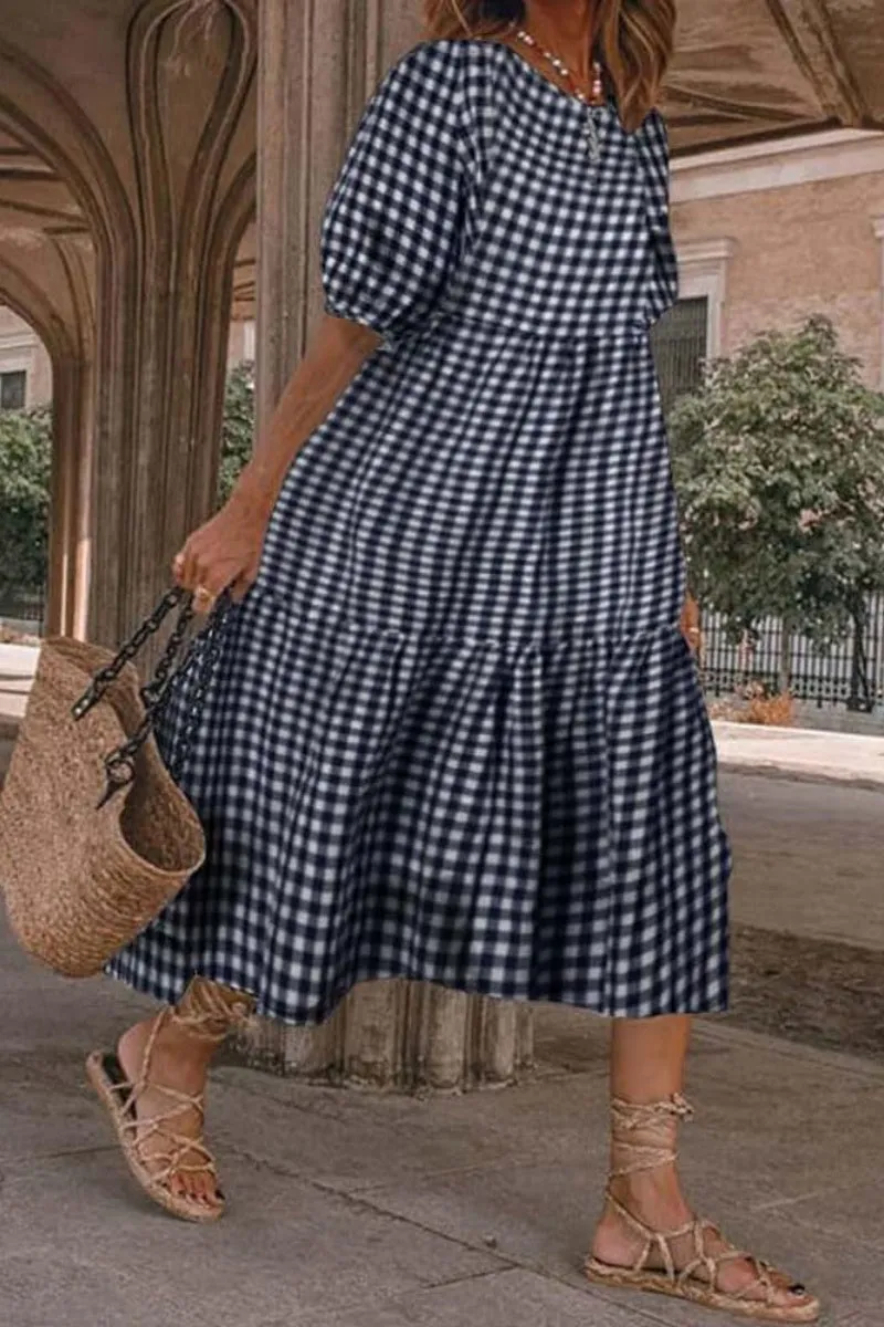 Chouyatou Women's Retro Lantern Puff Sleeve Plaid Dress Gingham Swing Tiered Midi Long Dress