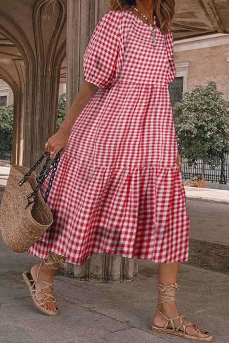 Chouyatou Women's Retro Lantern Puff Sleeve Plaid Dress Gingham Swing Tiered Midi Long Dress