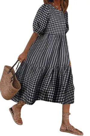 Chouyatou Women's Retro Lantern Puff Sleeve Plaid Dress Gingham Swing Tiered Midi Long Dress