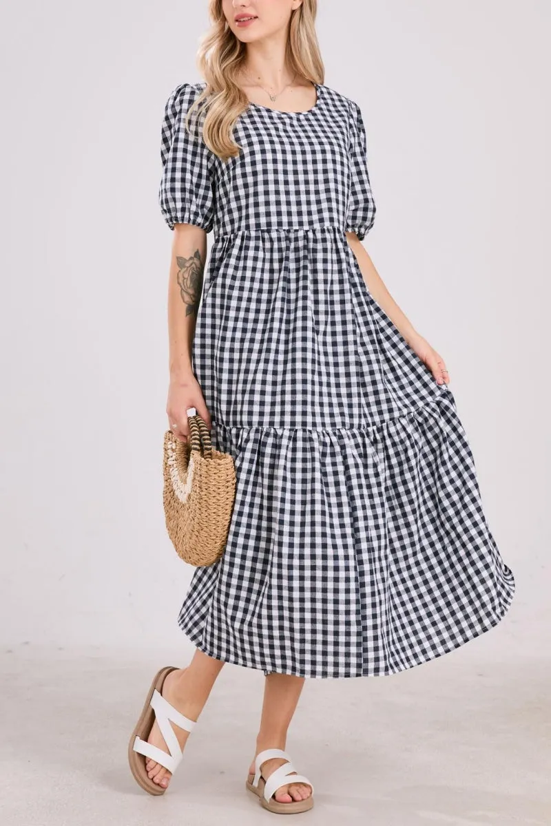 Chouyatou Women's Retro Lantern Puff Sleeve Plaid Dress Gingham Swing Tiered Midi Long Dress