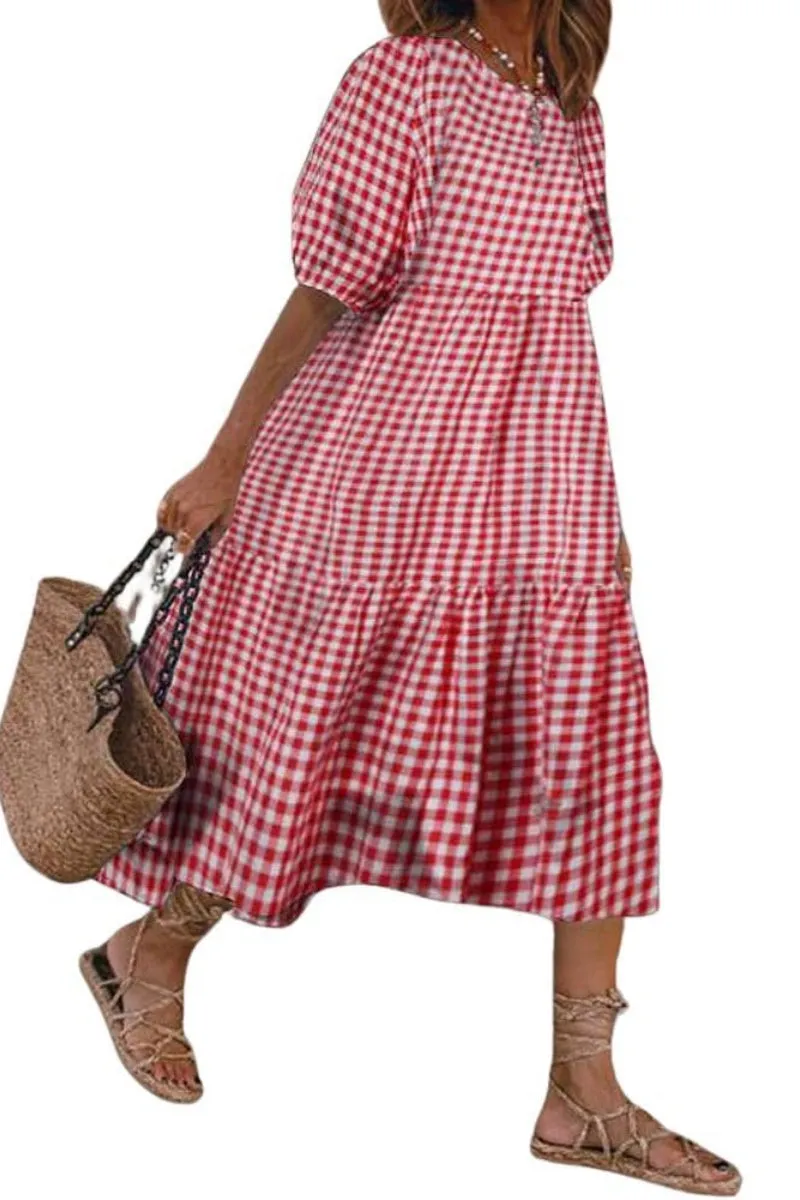Chouyatou Women's Retro Lantern Puff Sleeve Plaid Dress Gingham Swing Tiered Midi Long Dress