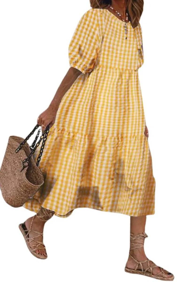 Chouyatou Women's Retro Lantern Puff Sleeve Plaid Dress Gingham Swing Tiered Midi Long Dress