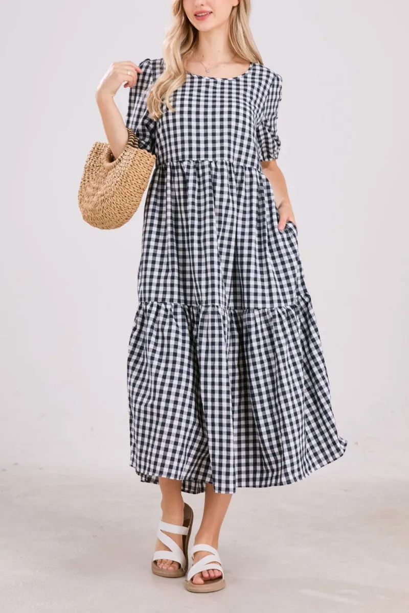 Chouyatou Women's Retro Lantern Puff Sleeve Plaid Dress Gingham Swing Tiered Midi Long Dress