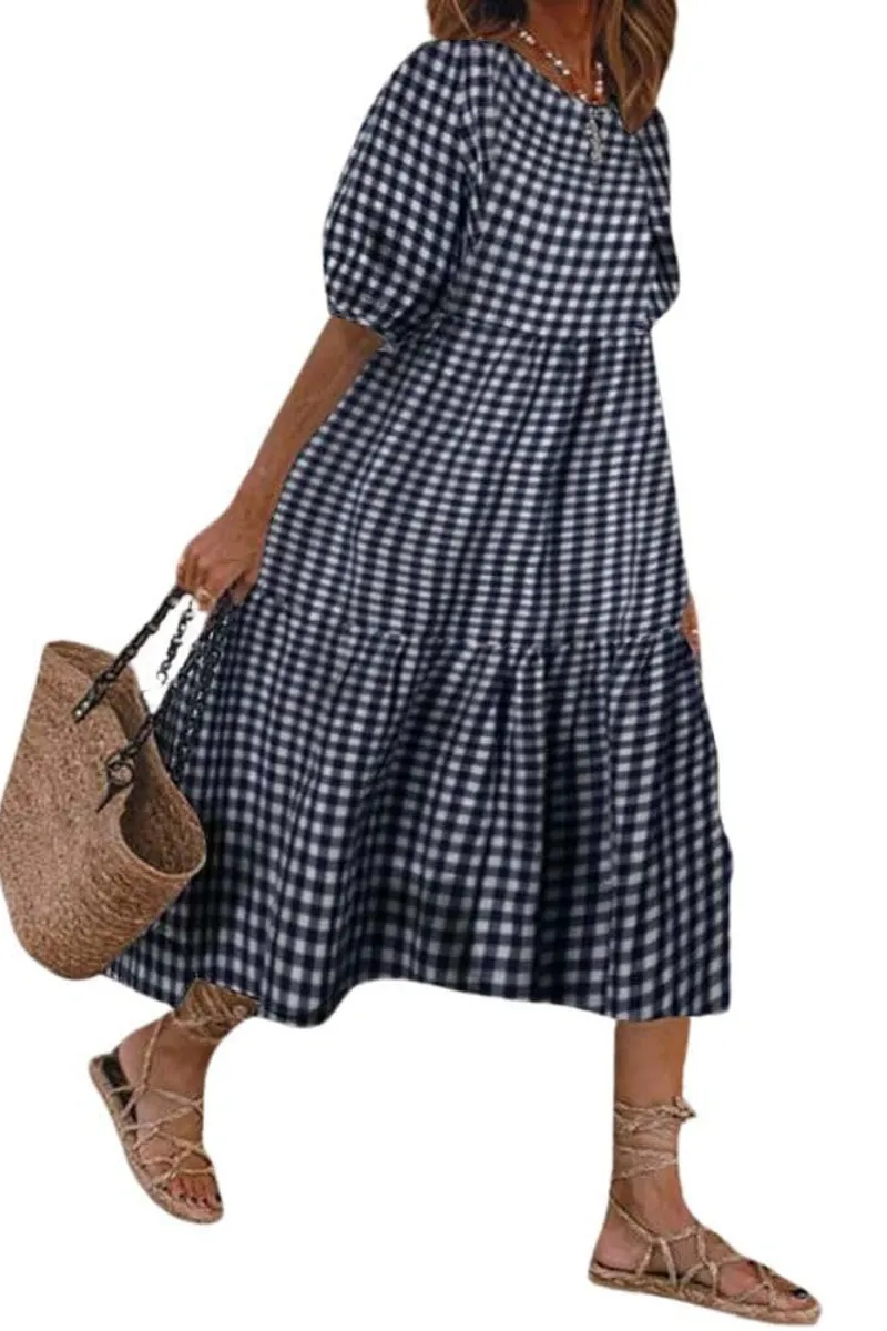 Chouyatou Women's Retro Lantern Puff Sleeve Plaid Dress Gingham Swing Tiered Midi Long Dress