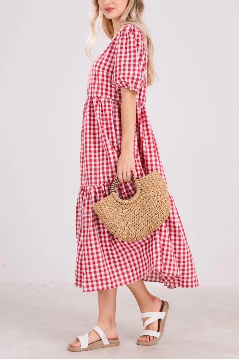Chouyatou Women's Retro Lantern Puff Sleeve Plaid Dress Gingham Swing Tiered Midi Long Dress
