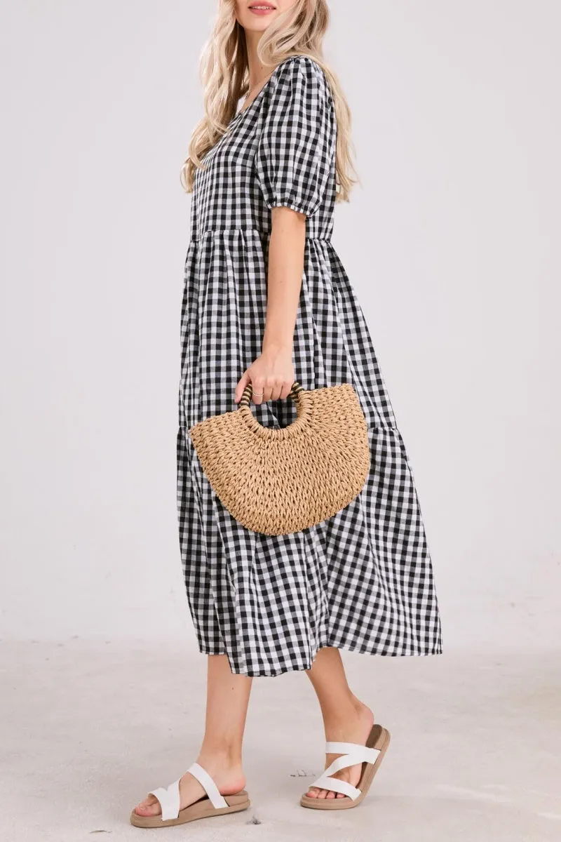 Chouyatou Women's Retro Lantern Puff Sleeve Plaid Dress Gingham Swing Tiered Midi Long Dress