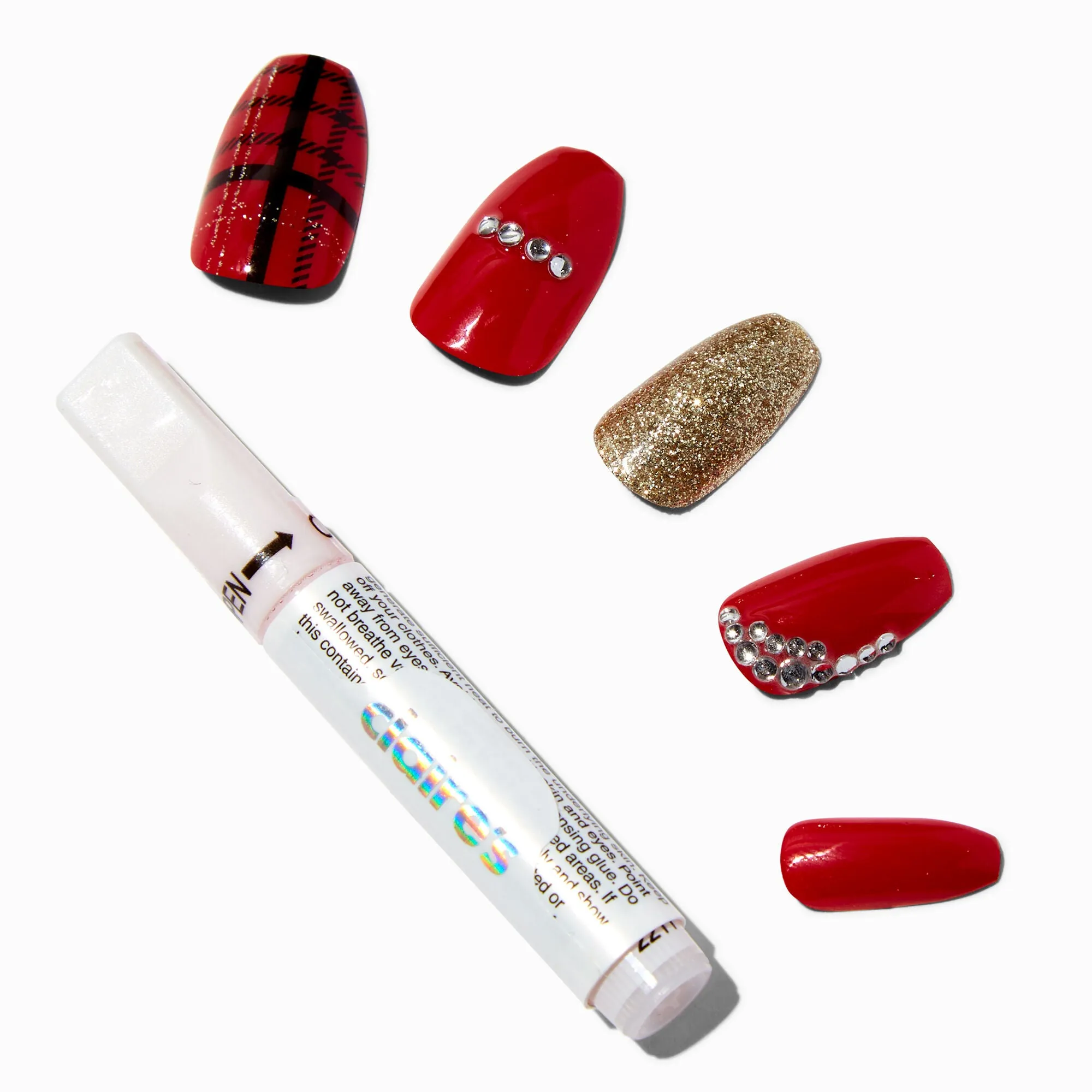 Claire's Red Plaid Glitter Coffin Vegan Faux Nail Set - 24 Pack