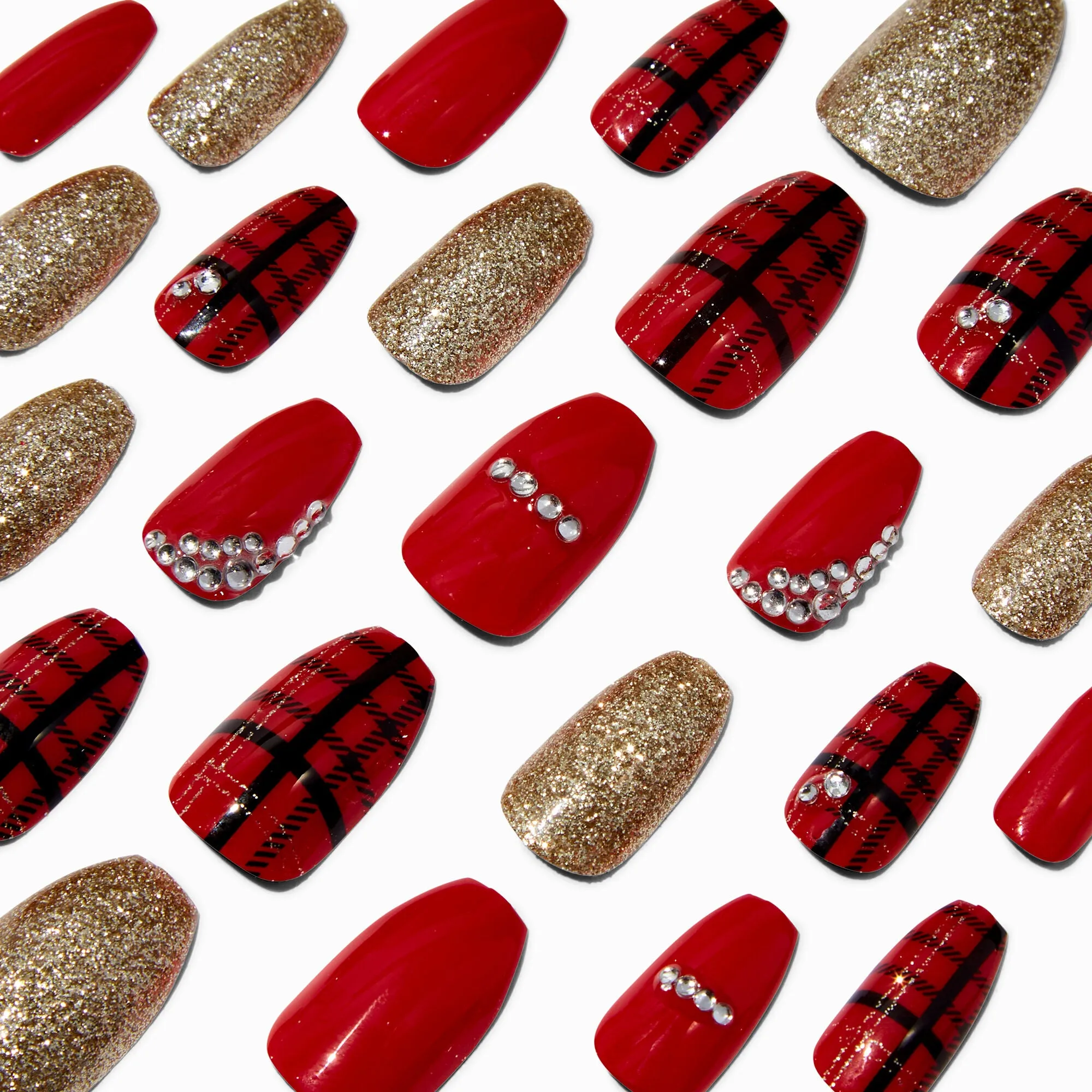 Claire's Red Plaid Glitter Coffin Vegan Faux Nail Set - 24 Pack