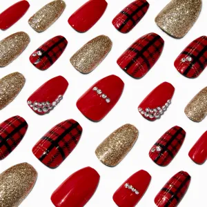 Claire's Red Plaid Glitter Coffin Vegan Faux Nail Set - 24 Pack