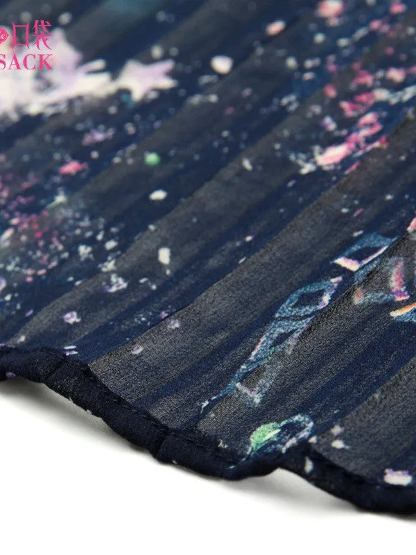 Clearance - starry sky pattern asymmetric pleated skirt