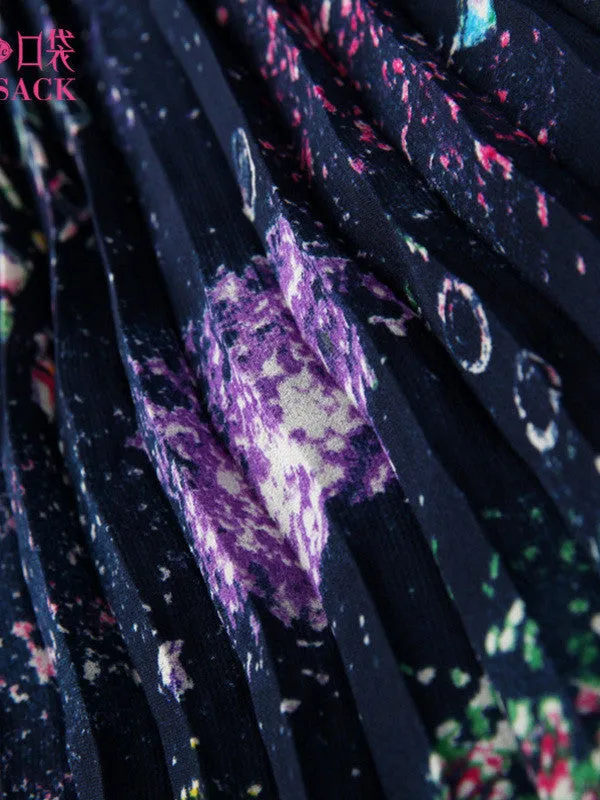 Clearance - starry sky pattern asymmetric pleated skirt
