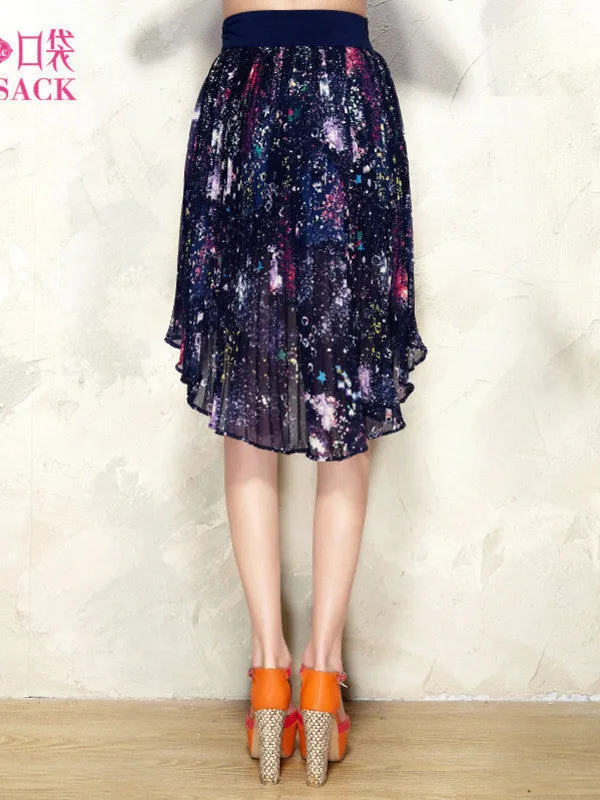 Clearance - starry sky pattern asymmetric pleated skirt
