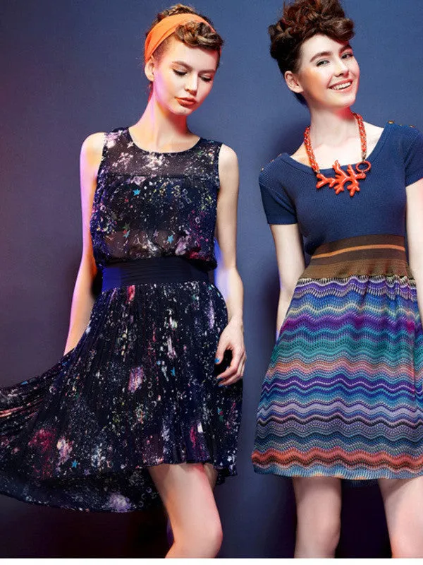 Clearance - starry sky pattern asymmetric pleated skirt