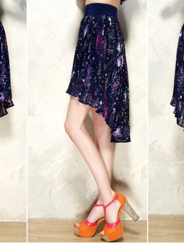 Clearance - starry sky pattern asymmetric pleated skirt