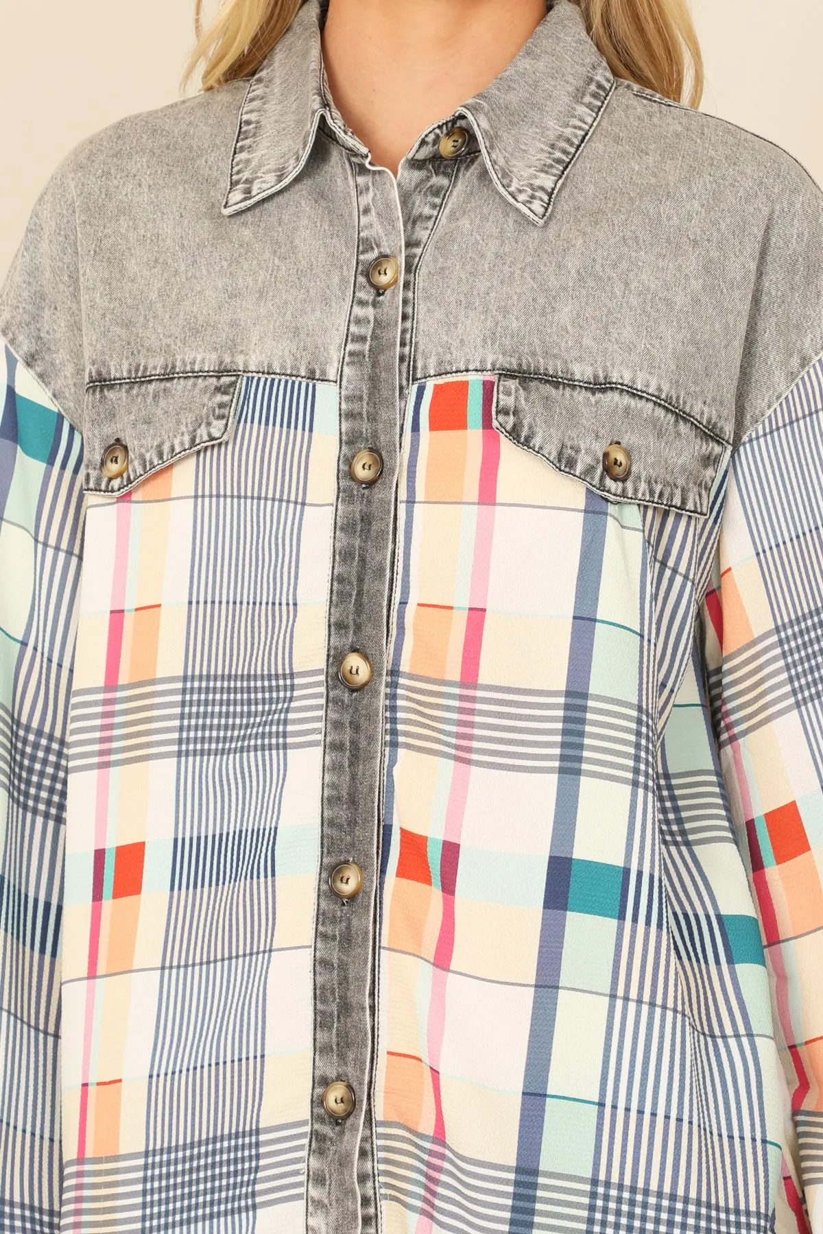 COMBO LONG SLEEVE PLAID TOP