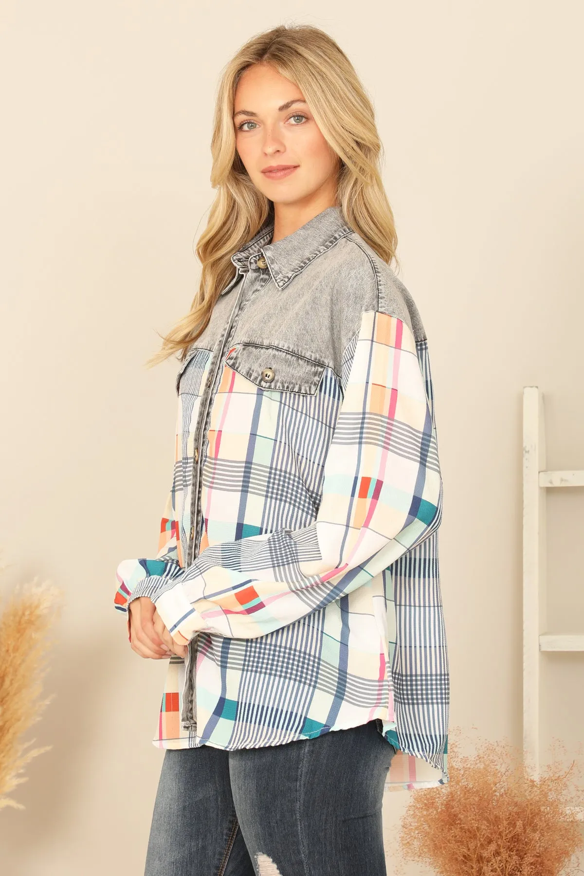 COMBO LONG SLEEVE PLAID TOP