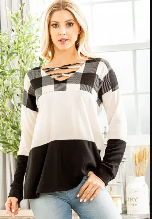 Crisscross V Neck Long Sleeve Plaid & Solid Contrast Top