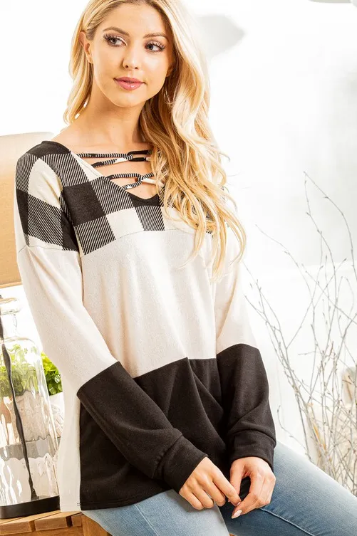 Crisscross V Neck Long Sleeve Plaid & Solid Contrast Top