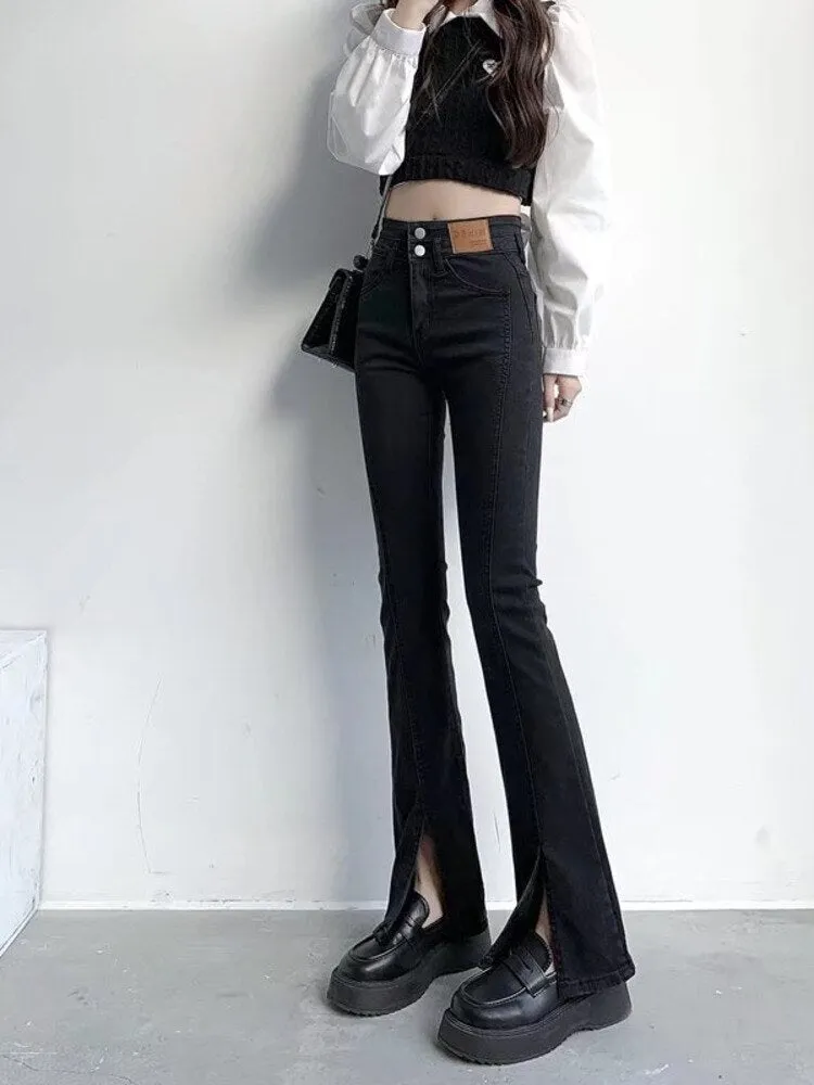 deanwangkt Split Jeans Women's Spring And Autumn New High-waisted Slim Fit Slim Wide-legged Micro-trumpet Mopping Pants Trendy Ins