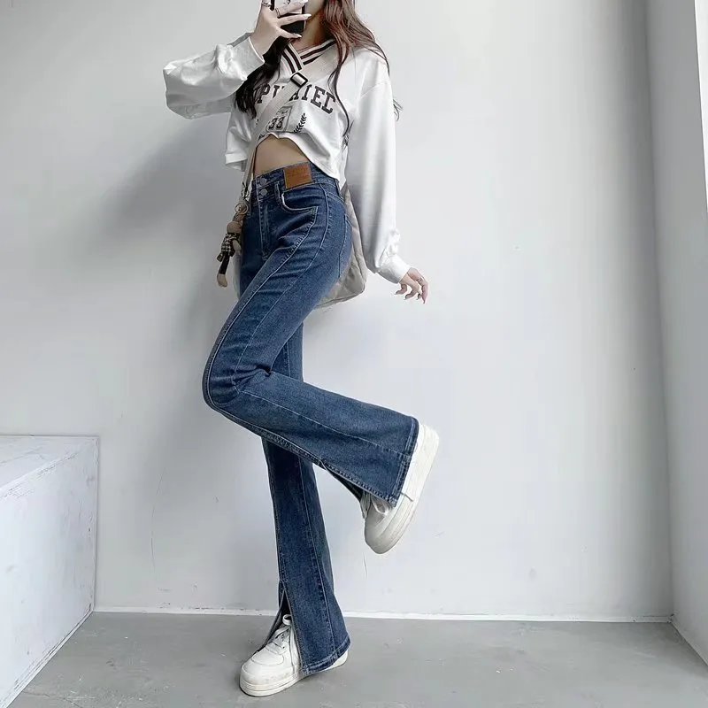 deanwangkt Split Jeans Women's Spring And Autumn New High-waisted Slim Fit Slim Wide-legged Micro-trumpet Mopping Pants Trendy Ins