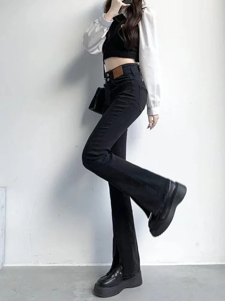 deanwangkt Split Jeans Women's Spring And Autumn New High-waisted Slim Fit Slim Wide-legged Micro-trumpet Mopping Pants Trendy Ins